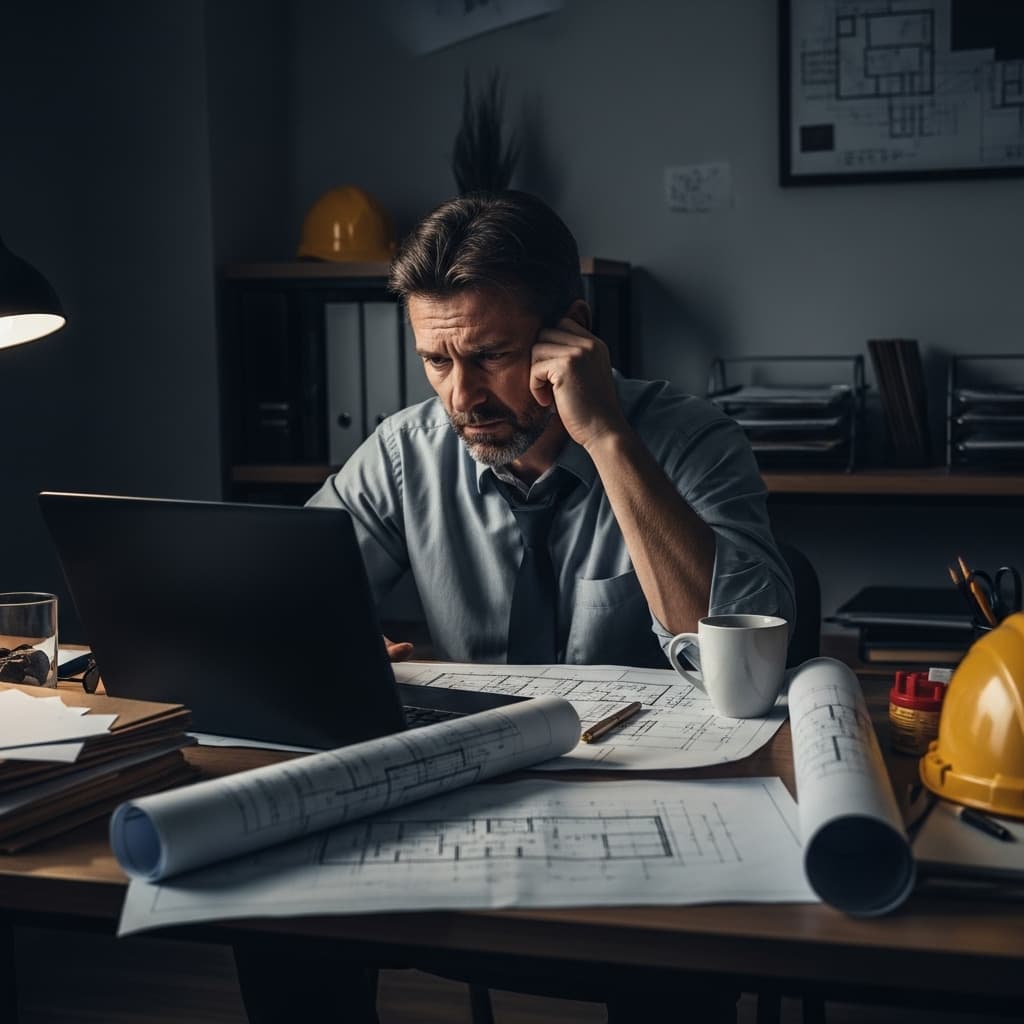 Stressed contractor surrounded by paperwork and taking multiple phone calls