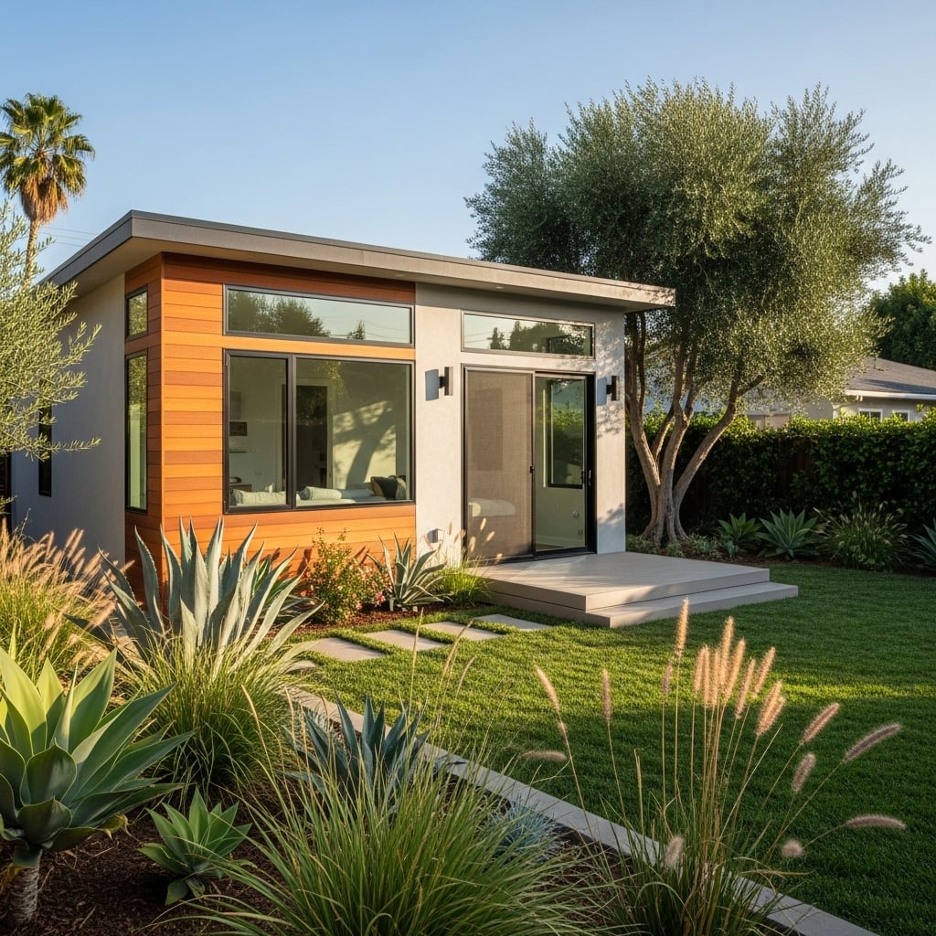 Modern accessory dwelling unit (ADU) construction in Los Angeles County backyard