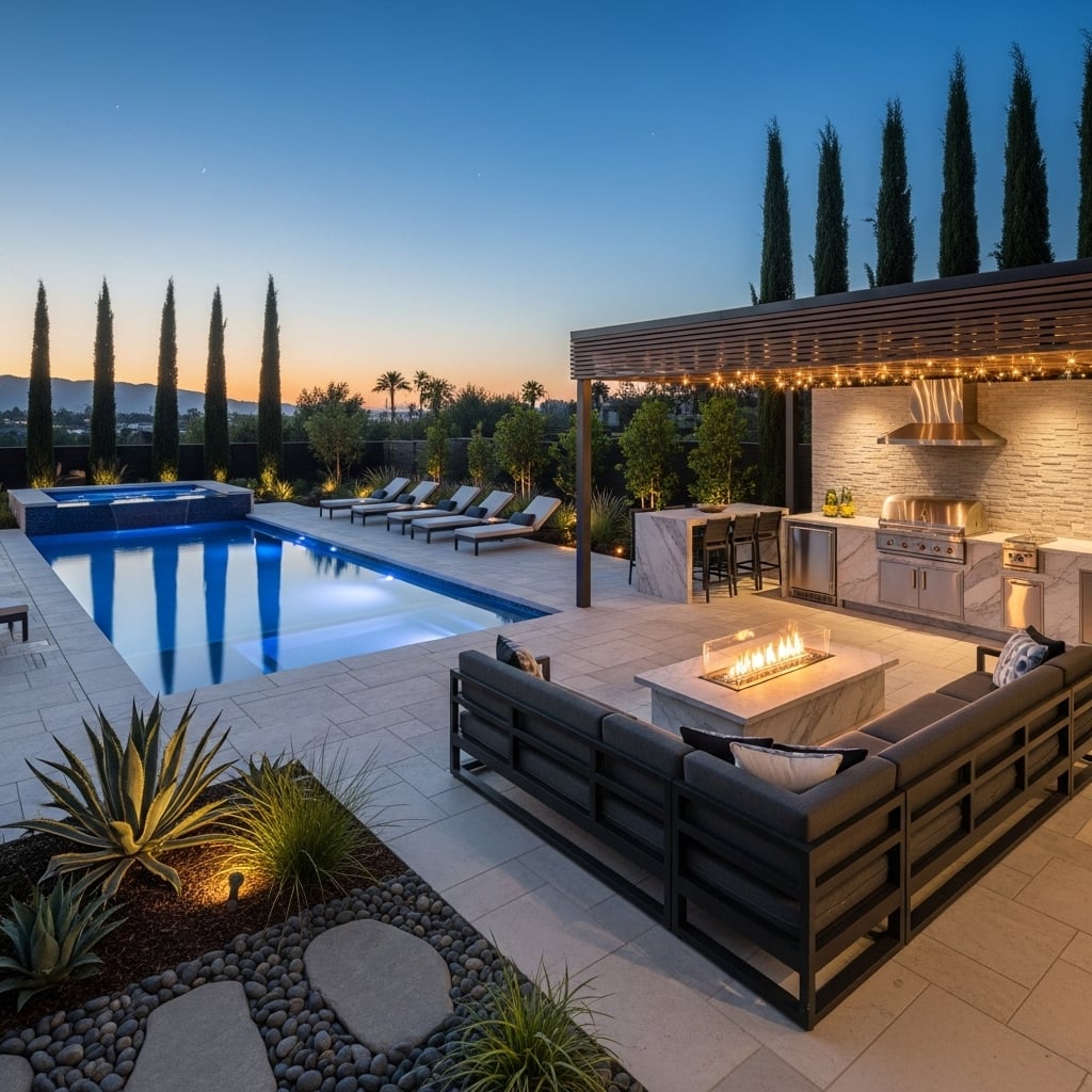 Custom in-ground pool installation with outdoor living space and professional landscaping