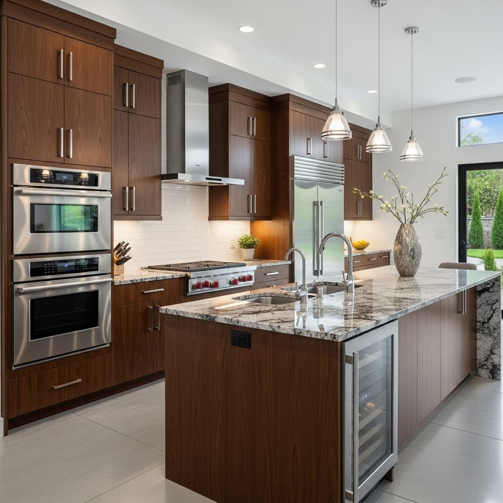 Luxury kitchen remodel featuring custom cabinetry, granite countertops, and high-end appliances